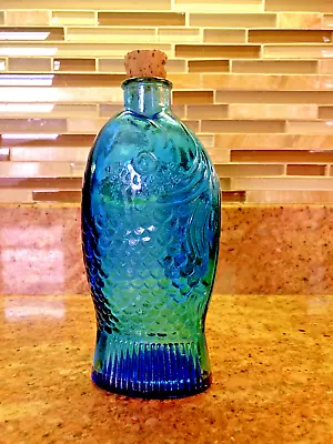 VTG Dr Fisch’s Bitters Fish Bottle. Blue Glass. 7.5”. 70’s Early American Decor • $10