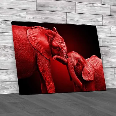 Loving Elephant With Infant Red Canvas Print Large Picture Wall Art • £14.95
