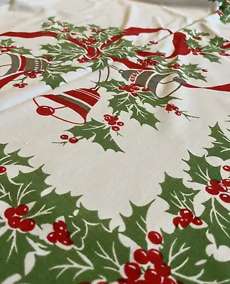 $22 • Buy Vtg White Cotton Screen Print Christmas Tablecloth, Red Green Poinsettia & Bells
