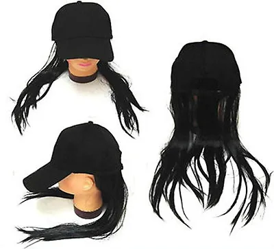 LONG BLACK HAIR BASEBALL CAP Funny Ball Caps Costume Hat With Wig Fake Joke New • $14.36