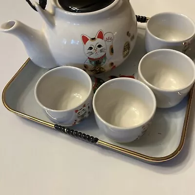 Vintage Japanese Lucky Cat Tea Service Set Of 4 Maneki Neko Tray Tea Pot 4x Cups • $79.99