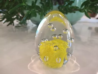 Hand Blown Art Glass Egg Shaped Paperweight Yellow Abstract With  Large Bubbles • $12.99