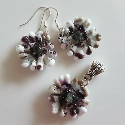  Genuine Murano Glass Flowers Set Earrings And Pendant Handmade Great Gift Women • £36.50