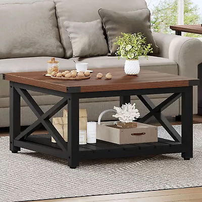 Rustic Coffee Table Farmhouse Square Center Table End Table With  Bottom Shelf • $82.99