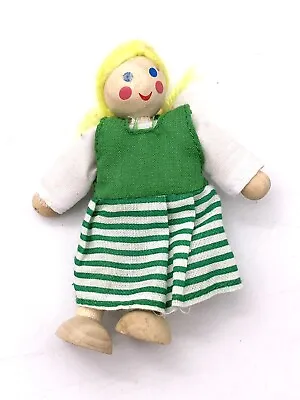 Melissa Doug Family Dollhouse Figure Poseable Wood Girl Doll Blonde Stripe Dress • $9.20