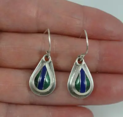 Taxco 950 Sterling Silver Blue Lapis Malachite Inlay Small Drop Earrings Mexico • $32