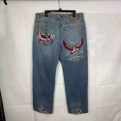Vintage 00s Y2K Artful Dodger Medium Wash Embroidered Denim Baggy Jeans 40x32 • $59.99