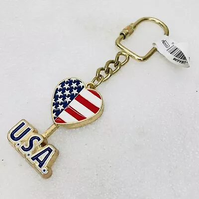 NEW‼ USA Heart Flag W/ Moving Bottom Gold Tone Metal Keyring Keychain • READ‼ • $7.95