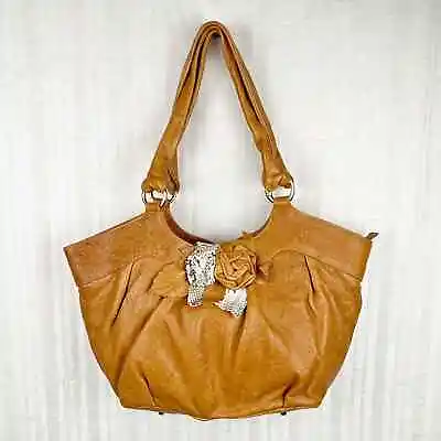 Paolo Masi Tan Buttery Soft Italian Leather Hobo Flower Applique Gold Hardware • $48.99