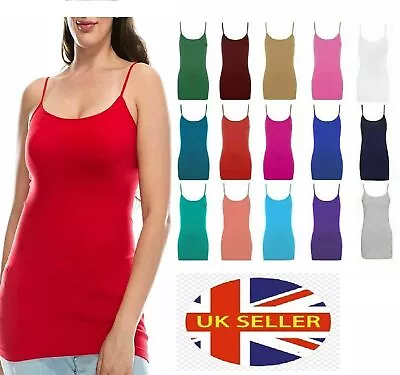 Women Ladies Long Cami Strappy Stretch Plain Vest T-Shirt Top 8-26 • £5.95