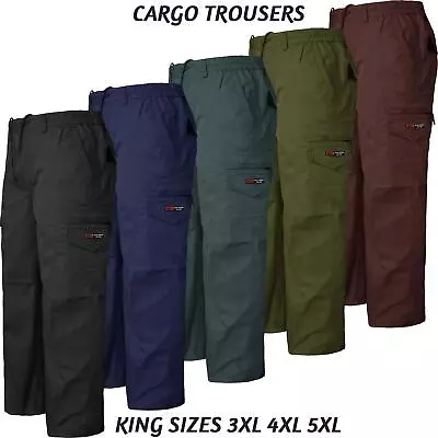 Mens Cargo Combat Trousers Elasticated Zip Pocket Plus Size Work Cotton Bottoms • £16.99