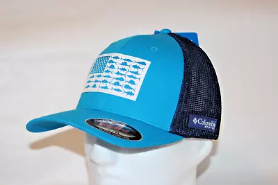 Columbia PFG Fish Flag Flexfit Fitted High Crown Mesh Ball Cap Compass Blue L/XL • $32.97