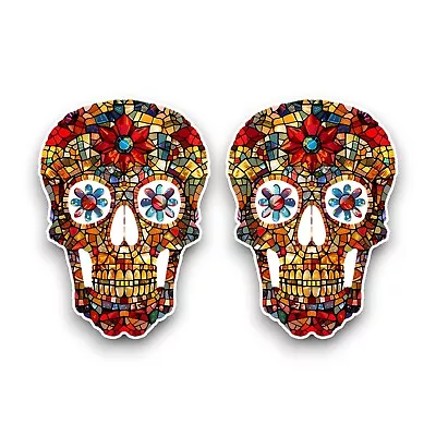 2x Small Mexican Sugar Skull Stained Glass Mosaic Art Effect Vinyl Sticker Decal • £2.59