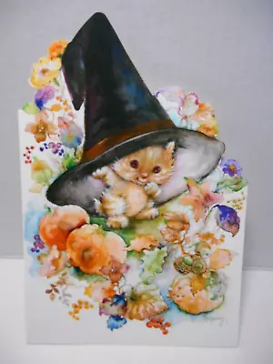 Vintage Hallmark MARY HAMILTON Halloween Greeting Card CAT In WITCH HAT Unused • $4.99