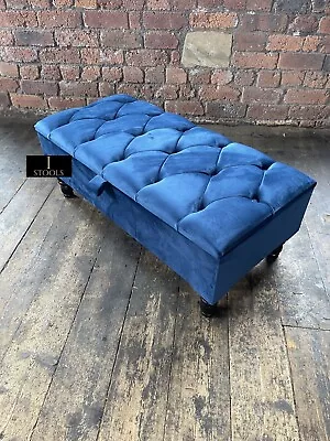 Ottoman Storage Bench Chesterfield Footstool Velvet Blue Coffee Table • £169.99