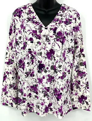 Passports Top XL Extra Large Purple Floral Long Sleeve V-Neck Ruffle Women New • $19.99