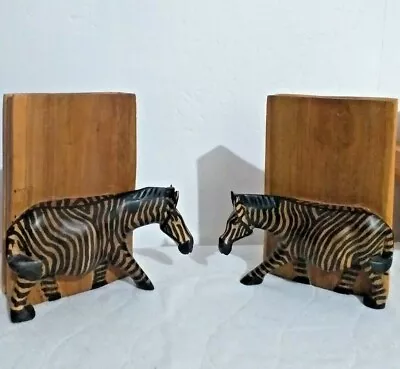 2x Zebra Carved Wooden Hand Crafted Polished African Brown Black Solid Wood • £29.99