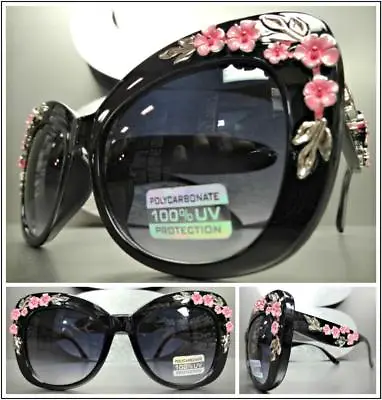 OVERSIZED VINTAGE RETRO CAT EYE Style SUNGLASSES Thick Black Frame Floral Design • $19.99