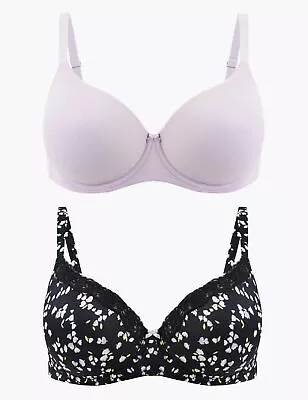 BNWT M&S Black Mix 2 Pk Padded Wired Full Cup T-Shirt Bras UK 38B    (ST101/372) • £12.99