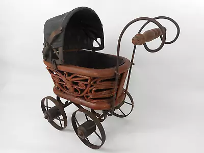 Vintage Medium Brown Display Dolls Brown Cane/wooden Pram~metal Wheels & Frame • $60