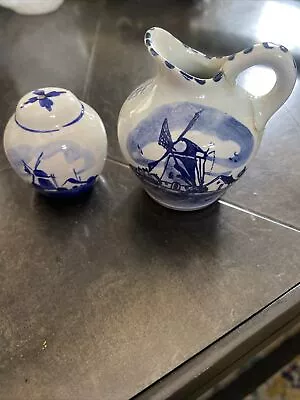 Vintage Ceramic Pitcher Blue White Hand Painted Windmill Japan Delft • $24.99