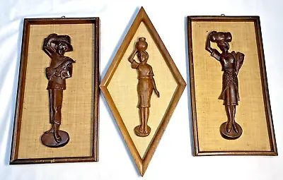 Vintage MCM 3D Carved Teak Wood Burlap Woman PlaqueS Tiki Style Set Of 3 • $29.95