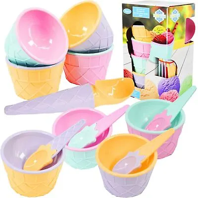 Set Of 4 Ice Cream Spoons And Bowls Set With Scoop Summer Party Dessert Cups • £6.99