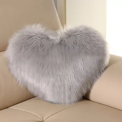 Love Heart Shape Fluffy Plush Cushion Cover Faux Fur Pillow Case Sofa Home Decor • £11.75