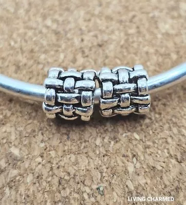 2 X Authentic Silver Criss Cross Spacer European Charm Bead With Threaded Cores • $15