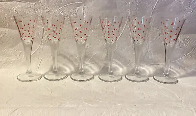 Vintage Set 6 Footed RED POLKA DOT Cordials Set Stemware Shot Glasses 5 1/2” H • $64