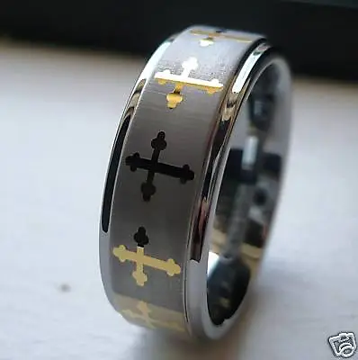 8mm Men's Tungsten Carbide Two Tone Band Ring With Celtic Crosses/ Size 7-12 • $18.99