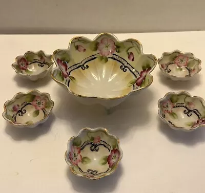 Antique Hand Painted Nippon Floral Footed 7 Piece Berry Nut Bowl Set • $22