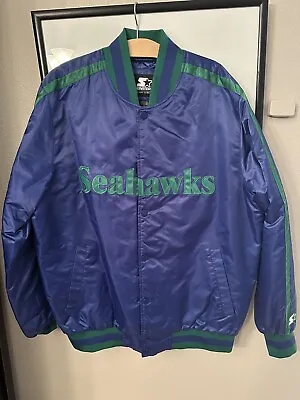 Rare Starter Black Label Seattle Seahawks NFL Satin Bomber Jacket Retro Large • $135