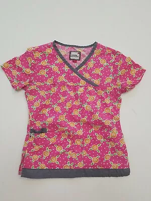 Mary Engelbreit Pink Flower Scrub Top XS Cross Over Front Pockets • $14.99