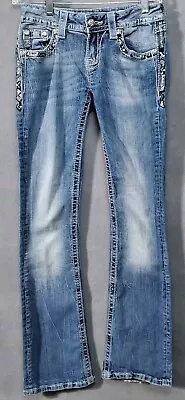 Miss Me Jeans Boot Cut Womens Size 26 Low Rise Fleur De Lis Stitch Rhinestone  • $28.50