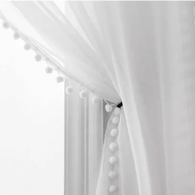 White POM POM Slot Top Pure Sheer Voile Voiles Children Modern Curtain Panels  • £8.79