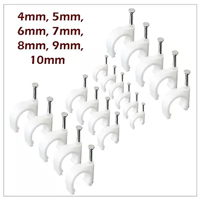 Round White Cable Clips Wall 4mm-10mm With Fixing White Nail Plugs 100/400pcs • £1.89