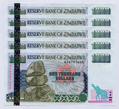 Zimbabwe 1000 Dollars Banknote X 5 Pcs 2003 P12 Consecutive UNC Currency Bills • $43.14