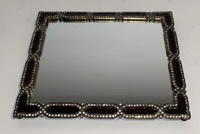 Vintage Burgundy & Faux Diamonds Edged Mirror Vanity Tray Brass Footed 9”x7.5” • $20