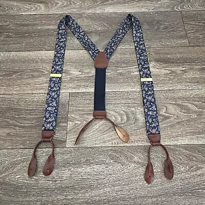 Vtg CAS Germany Men's Fabric Suspender Blue Paisley Brown Leather Elastic Brass • $21.97