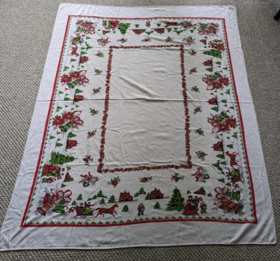 $25 • Buy Vintage Christmas Print Tablecloth 80 X 60  Carolers, Horse Drawn Sleigh, Houses