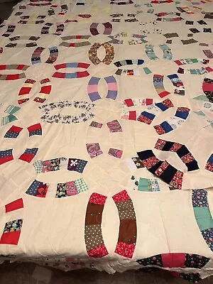 Vintage Handmade Hand Stitched Double Wedding Ring Quilt Top & Pieces #90 • $22.95