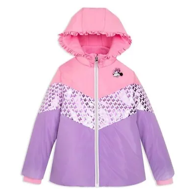 Disney Store Minnie Mouse Hooded Raincoat Fleece Lined Jacket Girls Pink Purple • $39.95