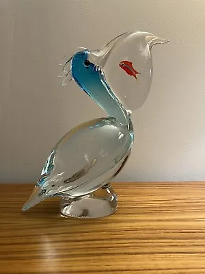 Signed Vintage Oggetti Murano Art Glass Pelican Wt Fish Italy Attr Elio Raffaeli • $199