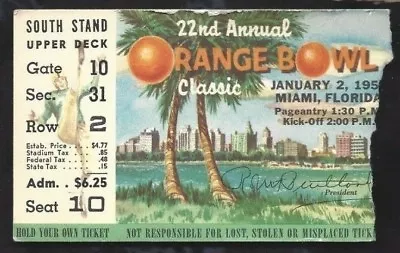 1956 Orange Bowl College Football Ticket Maryland Terrapins V Oklahoma Sooners • $75