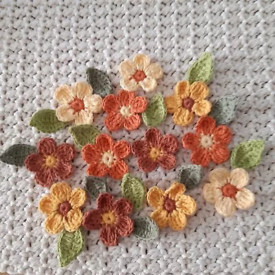 24Pcs Handmade Crochet Flowers & Leaves Yellow Orange  Embellishment Applique  • £4