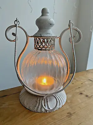 Vintage White Metal Glass Ribbed Candle Lantern - French Country Chic Cloche • £20.95