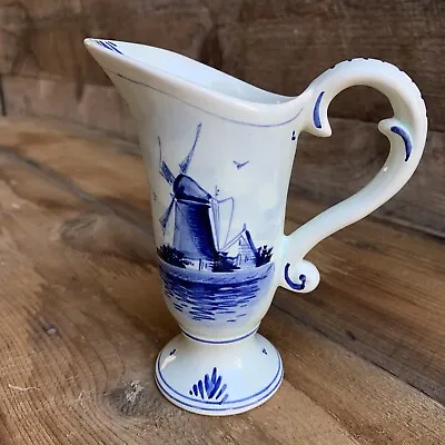 Delft Ware Blue & White Ewer Pitcher Vase Windmill & Floral Motifs 6” T Signed • $10