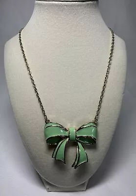 Enchanted Mint Green Enamel And Gold Bow Necklace • $14.99