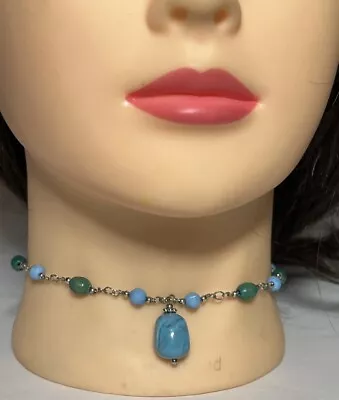 Boho Blue Green Wood Resin Beaded Choker Dangle Necklace 90'S P1800 • $18.99